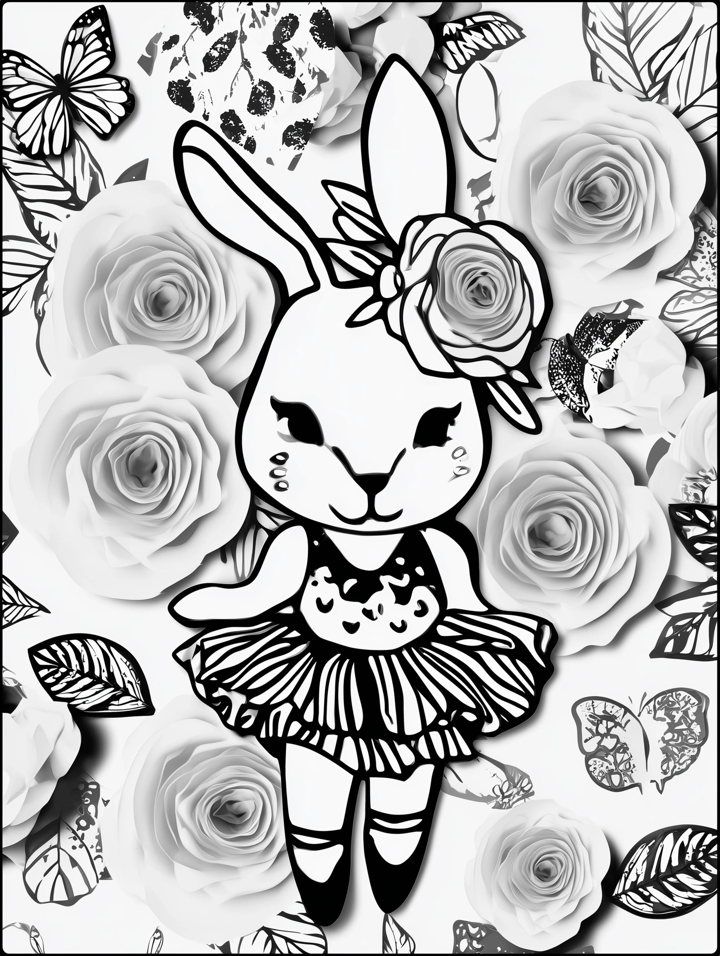 Free printable rabbit coloring page for adults featuring a rabbit wearing a tutu with roses